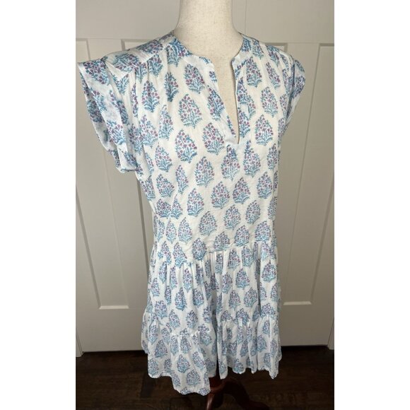 Oliphant Tuckernuck Gauze Cotton Block Print Dress L Blue Pink Tiered Above Knee - Picture 7 of 9